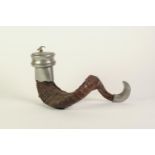 TWENTIETH CENTURY RAMS HORN SNUFF MULL, with pewter mounts, the hinged cover with bird finial, (