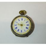 SWISS SILVER (935 mark) FOB WATCH with keyless movement, roman white porcelain gilt decorated
