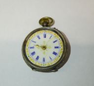SWISS SILVER (935 mark) FOB WATCH with keyless movement, roman white porcelain gilt decorated