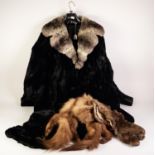 LADY'S BLACK SEAL SKIN FULL LENGTH FUR COAT with grey/white lapin fur collar, hook fastening, single