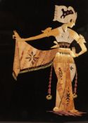 PAIR OF MODERN INDONESIAN TREE BARK PICTURES of dancing female figures against a black ground, 14