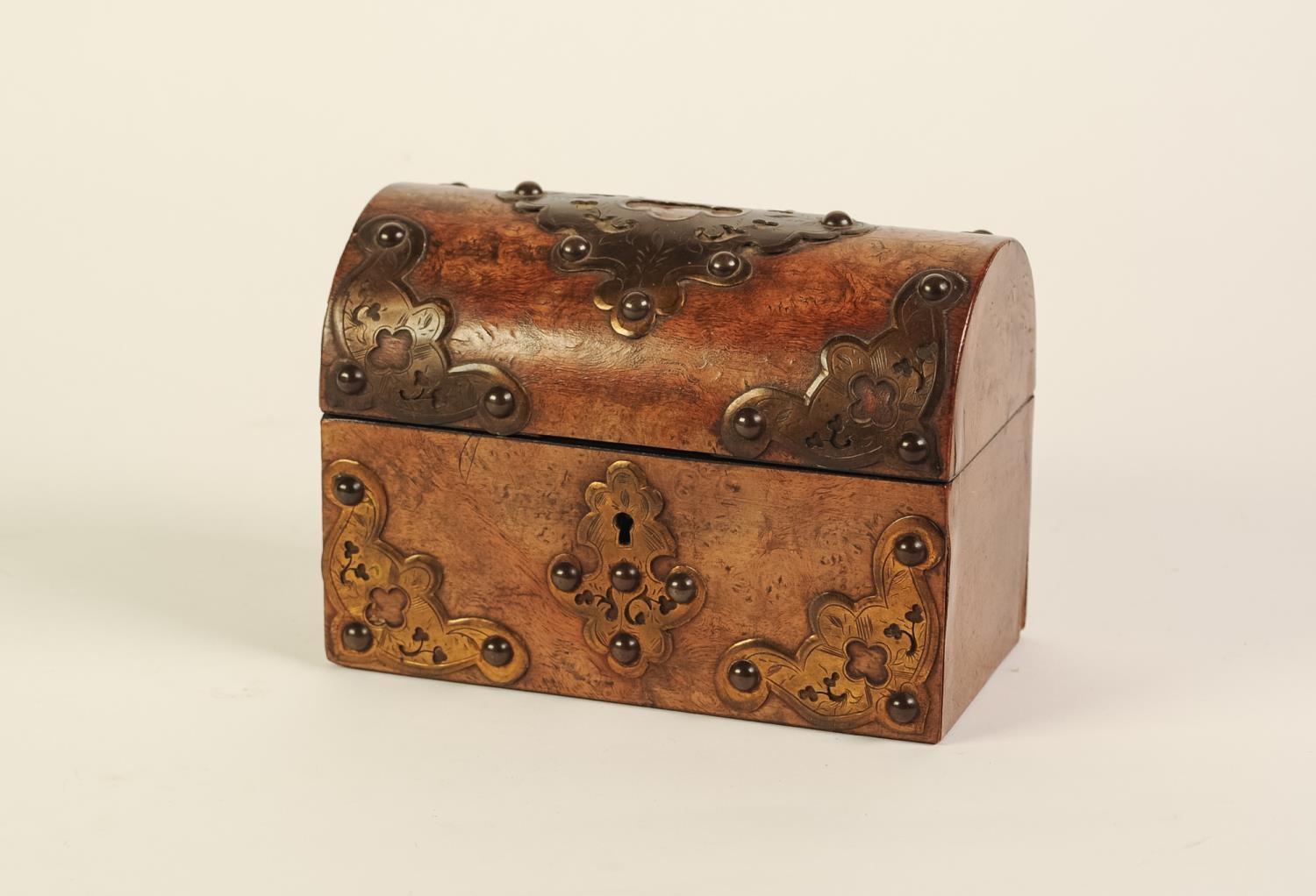 SMALL VICTORIAN BURR WALNUTWOOD AND BRASS MOUNTED DOME TOP STATIONERY BOX, the foliate engraved