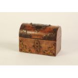 SMALL VICTORIAN BURR WALNUTWOOD AND BRASS MOUNTED DOME TOP STATIONERY BOX, the foliate engraved