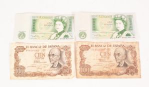 TWO ELIZABETH II ONE POUND NOTES, Isaac Newton(1642-1727) verso, in good condition, also EL BANCO DE