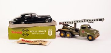 GAMA - WEST GERMANY VINTAGE TINPLATE FRICTION POWERED 211 ROCKET LAUNCHER TRUCK, green and metallic,