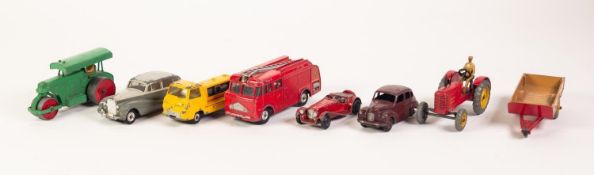 8 DINKY DIECAST CARS, etc., playworn, including Austin A40 Devon with maroon body and hubs (1949 -