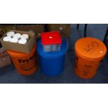 THREE LARGE PLASTIC LIDDED OIL DRUMS NOW CONTAINING LARGE QUANTITIES OF ABRASIVE GRIT 400, 220 AND