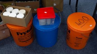 THREE LARGE PLASTIC LIDDED OIL DRUMS NOW CONTAINING LARGE QUANTITIES OF ABRASIVE GRIT 400, 220 AND