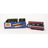 CIRCA 1950's HORNBY DUBLO 4-6-2 THREE RAIL ELECTRIC LOCOMOTIVE AND EIGHT WHEEL TENDER, with silver