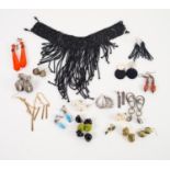 BLACK MICRO-BEAD BROAD CHOKER NECKLACE, with graduated fringe and a PAIR OF SIMILAR SEVEN STRAND
