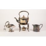 EARLY TWENTIETH CENTURY ELECTROPLATE OVAL FORM TEA KETTLE ON FOUR LEG STAND, with spirit burner,