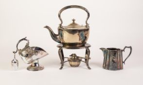 EARLY TWENTIETH CENTURY ELECTROPLATE OVAL FORM TEA KETTLE ON FOUR LEG STAND, with spirit burner,