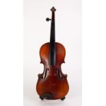 GOOD QUALITY ¾ SIZE VIOLIN, with two piece 13 ¾? back, in a green plush lined case with bow, case