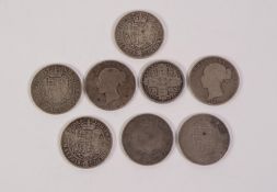 SEVEN VICTORIA SILVER HALF CROWNS FROM 1849-1901 all showing varying degrees of wear and a SILVER