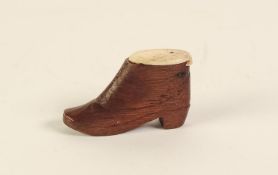 VICTORIAN CARVED OAK MINIATURE NOVELTY LADIES BOOT, the sliding action of the bone top actuating a