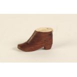 VICTORIAN CARVED OAK MINIATURE NOVELTY LADIES BOOT, the sliding action of the bone top actuating a