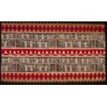 MODERN INDONESIAN MACHINE WOVEN AND EMBROIDERED TAPESTRY of repeated stylised borders, 31" x 51" (
