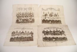 FOUR VINTAGE 1930s PRINTED COTTON HANDKERCHIEFS DEPICTING FOOTBALL TEAMS, in typical team pose,