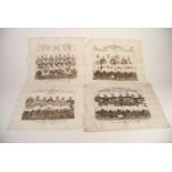 FOUR VINTAGE 1930s PRINTED COTTON HANDKERCHIEFS DEPICTING FOOTBALL TEAMS, in typical team pose,