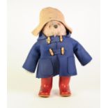 MODERN 'PADDINGTON' BLOND PLUSH TEDDY BEAR, with beige felt hat, blue duffle coat and red wellies,