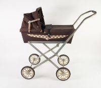 CIRCA 1950's DOLLS PRAM, plated metal frame and brown canvas body, plastic wheels and rubber