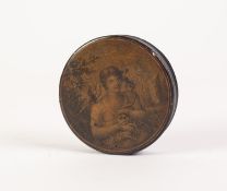 REGENCY LACQUERED PAPIER MACHE TABLE SNUFF BOX, the circular top applied with classical female print