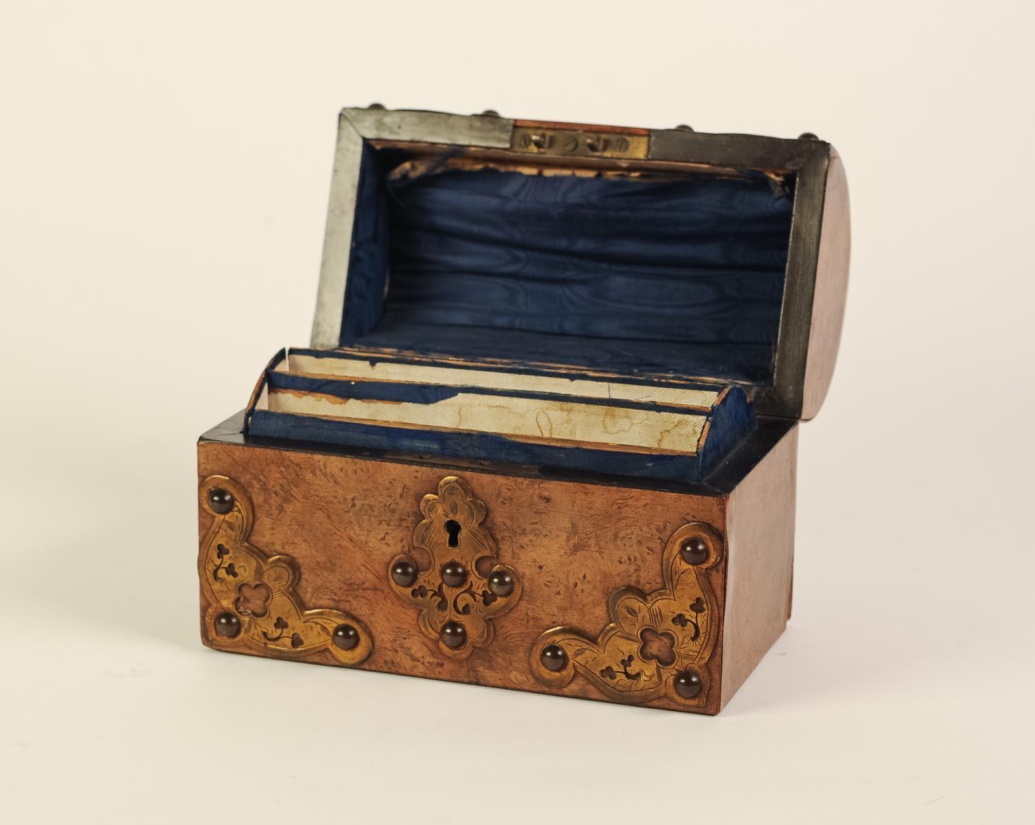 SMALL VICTORIAN BURR WALNUTWOOD AND BRASS MOUNTED DOME TOP STATIONERY BOX, the foliate engraved - Image 2 of 2