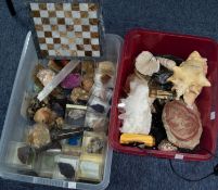 TWO PLASTIC SHALLOW CRATES CONTAINING LARGER EXAMPLES OF GEMSTONES AND HARDSTONES in hard plastic