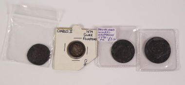 CHARLES II SILVER FOUR PENCE COIN 1679 (VF) together  with a  WILLIAM AND MARY COPPER HALF PENNY