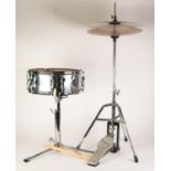 PREMIER EVERPLAY EXTRA PLUS 75 ALUMINUM SNARE DRUM with plastic head on stand and HI-HAT CYMBOLS