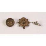 WHITE METAL YELLOW STONE SET, RED AND GREEN ENAMEL RAF WINGS BROOCH, a brass CAP BADGE and a BRASS