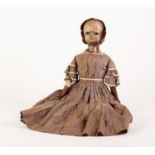LATE EIGHTEENTH/EARLY NINETEENTH CENTURY WOOD DOLL WITH PAINTED GESSO HEAD AND TORSO, the head