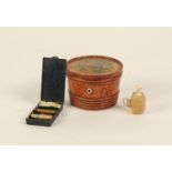 MAUCHLINE WARE CIRCULAR COTTON BOBBIN/COTON DISPENSING BOX AND COVER, circular and tapering with