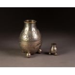 FOREIGN SILVER COLOURED METAL VASE, 800 STANDARD, of bulbous form with three ball feet, engraved