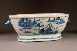 KANGXI PERIOD CHINESE BLUE AND WHITE PORCELAIN TWO HANDLED TUREEN of footed, canted oblong form with