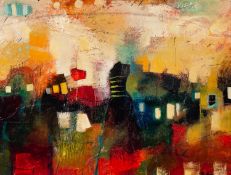 JOHN AND ELLI MILAN (MODERN) MIXED MEDIA ON CANVAS ?Sunset Mosaic III? Signed, untitled, (title