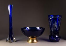 THREE PIECES OF TWENTIETH CENTURY BLUE GLASS, comprising: a FLASH CUT THISTLE SHAPED VASE, 11 ¼? (