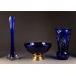 THREE PIECES OF TWENTIETH CENTURY BLUE GLASS, comprising: a FLASH CUT THISTLE SHAPED VASE, 11 ¼? (