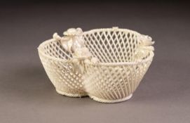 FIRST PERIOD BELLEEK PORCELAIN PEARLESCENT GLAZED BASKET WOVEN FLOWER ENCRUSTED TREFOIL SHAPED