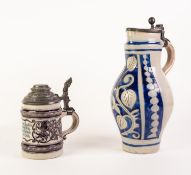 RHINEISH SALT GLAZED POTTERY LARGE JUG WITH HINGED PEWTER COVER, of ovoid form with scroll handle,