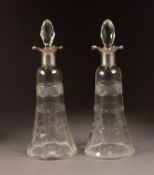 EDWARD VII PAIR OF CUT GLASS LIQUEUR DECANTERS AND STOPPERS WITH SILVER COLLARS, each of tapering