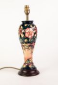 MODERN MOORCROFT POTTERY INVERTED BALUSTER SHAPE ELECTRIC TABLE LAMP on wooden base, tube lined with