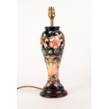 MODERN MOORCROFT POTTERY INVERTED BALUSTER SHAPE ELECTRIC TABLE LAMP on wooden base, tube lined with