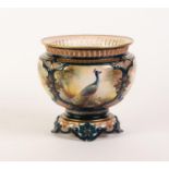 HADLEY?S WORCESTER HAND PAINTED CHINA PEDESTAL BOWL, with pierced border and moulded base, well