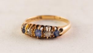 18ct GOLD RING set with three small sapphires, a small diamond and a small spinnel, London 1929, 3.5