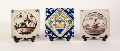 THREE EIGHTEENTH/NINETEENTH CENTURY DUTCH DELFT EARTHENWARE TILES, two painted in Manganese