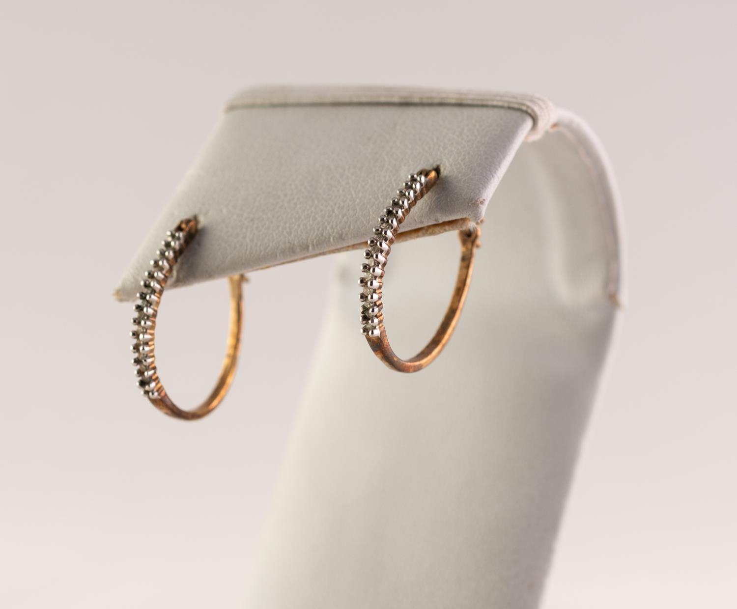 PAIR OF 9ct GOLD HORSESHOE SHAPED HOOP EARRINGS, the front of each set with fourteen tiny