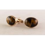 PAIR OF 9ct GOLD CUFFLINKS, T-bar pattern, the oval tops each set with a cabochon oval tiger's eye