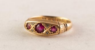 GEORGE V 18ct GOLD RING gypsy set with three rubies and two pairs of tiny rose diamonds, Chester