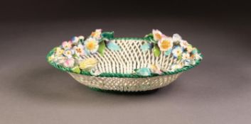 LATE 19th CENTURY COALBROOKDALE STYLE PORCELAIN FLORAL ENCRUSTED BASKET WOVEN OVAL SHALLOW BOWL, the